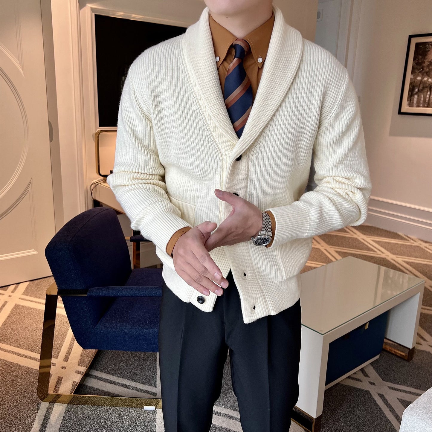 Men's Retro Slim Fit Green Collar Knitwear Cardigan