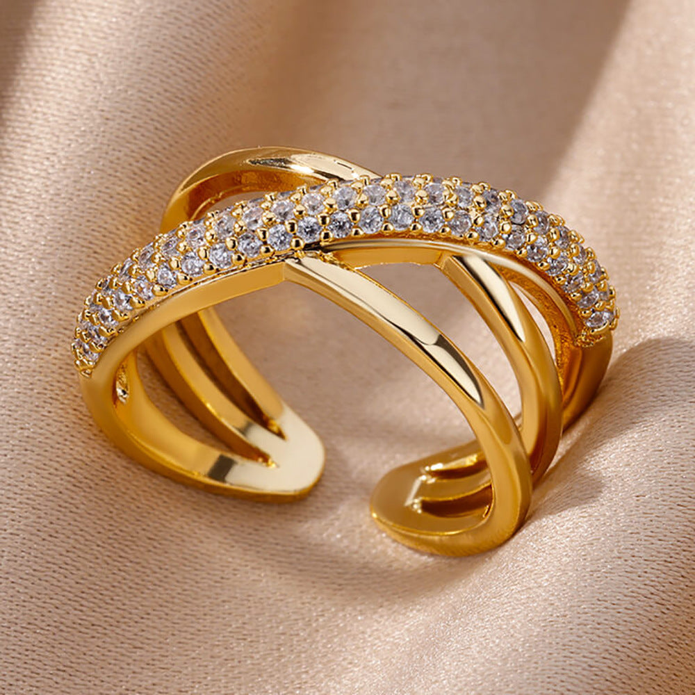 18K Gold-Plated Zircon Leaf Open Ring for Women