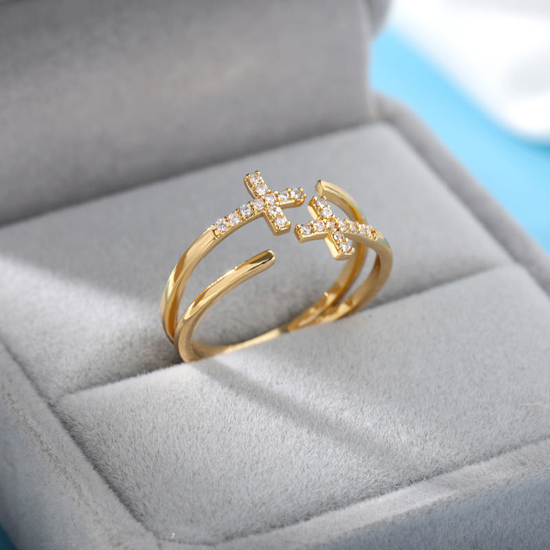 18K Gold-Plated Zircon Leaf Open Ring for Women