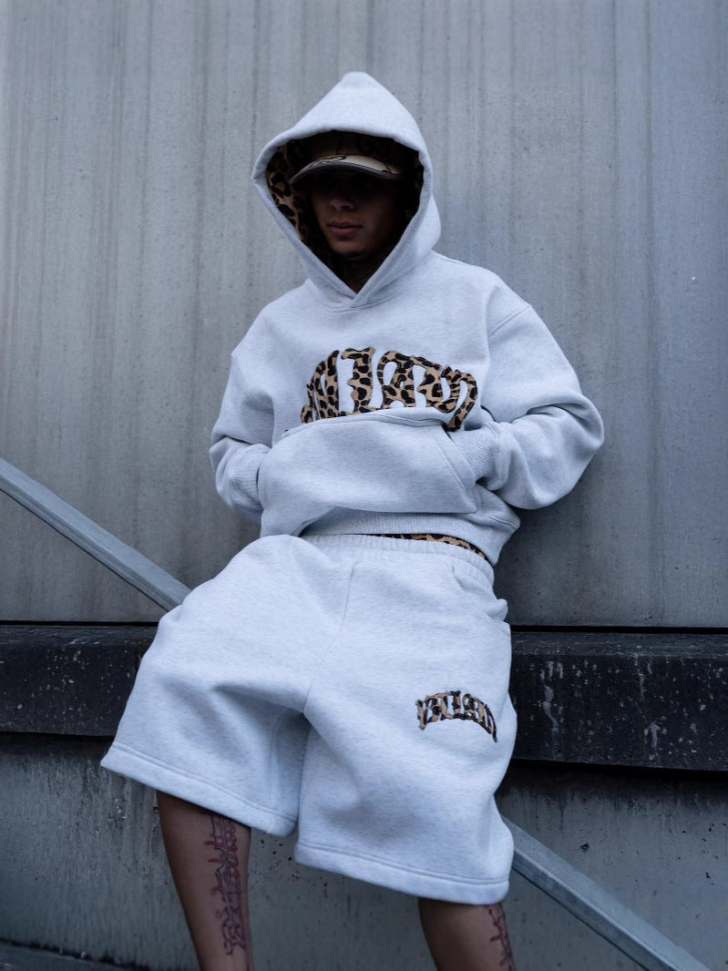 Streetwear Hooded Sweatshirt Set with Leopard Embroidery