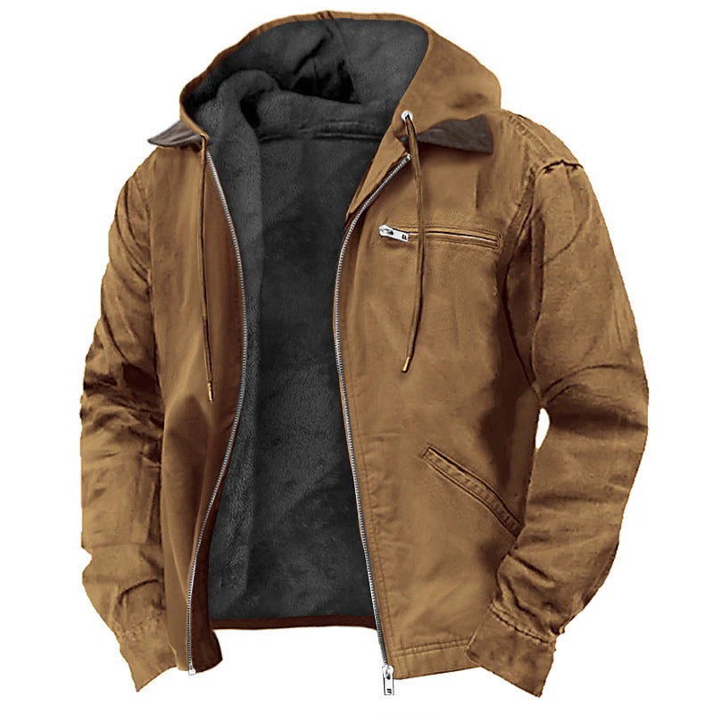 Solid Color Fleece-Lined Hooded Jacket for Men