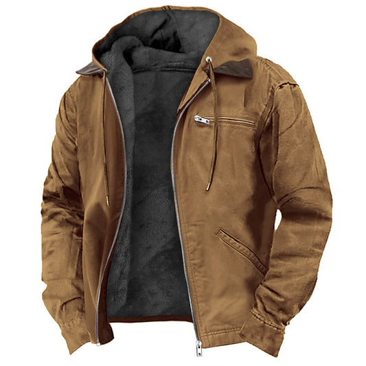 Solid Color Fleece-Lined Hooded Jacket for Men