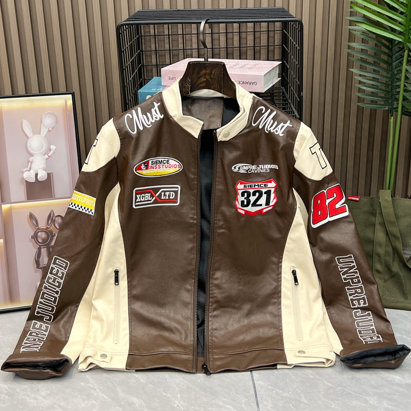 Letter Embroidered PU Leather Motorcycle Baseball Jacket