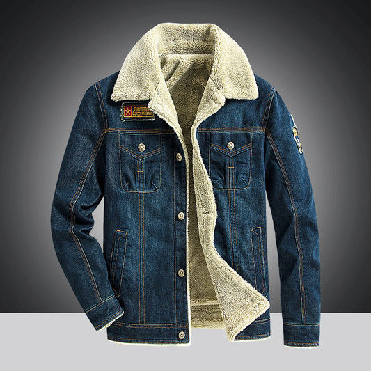 Men's Fleece-Lined Denim Jacket Winter Casual Loose Fit