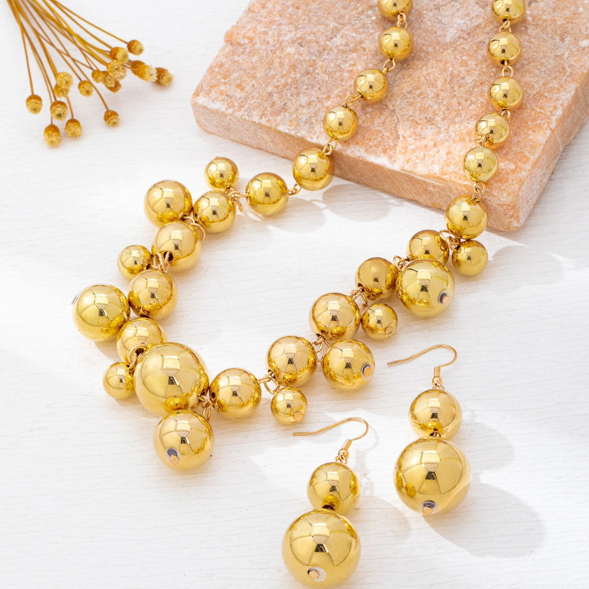 Exaggerated Gold Metal Ball Bead Necklace and Earring