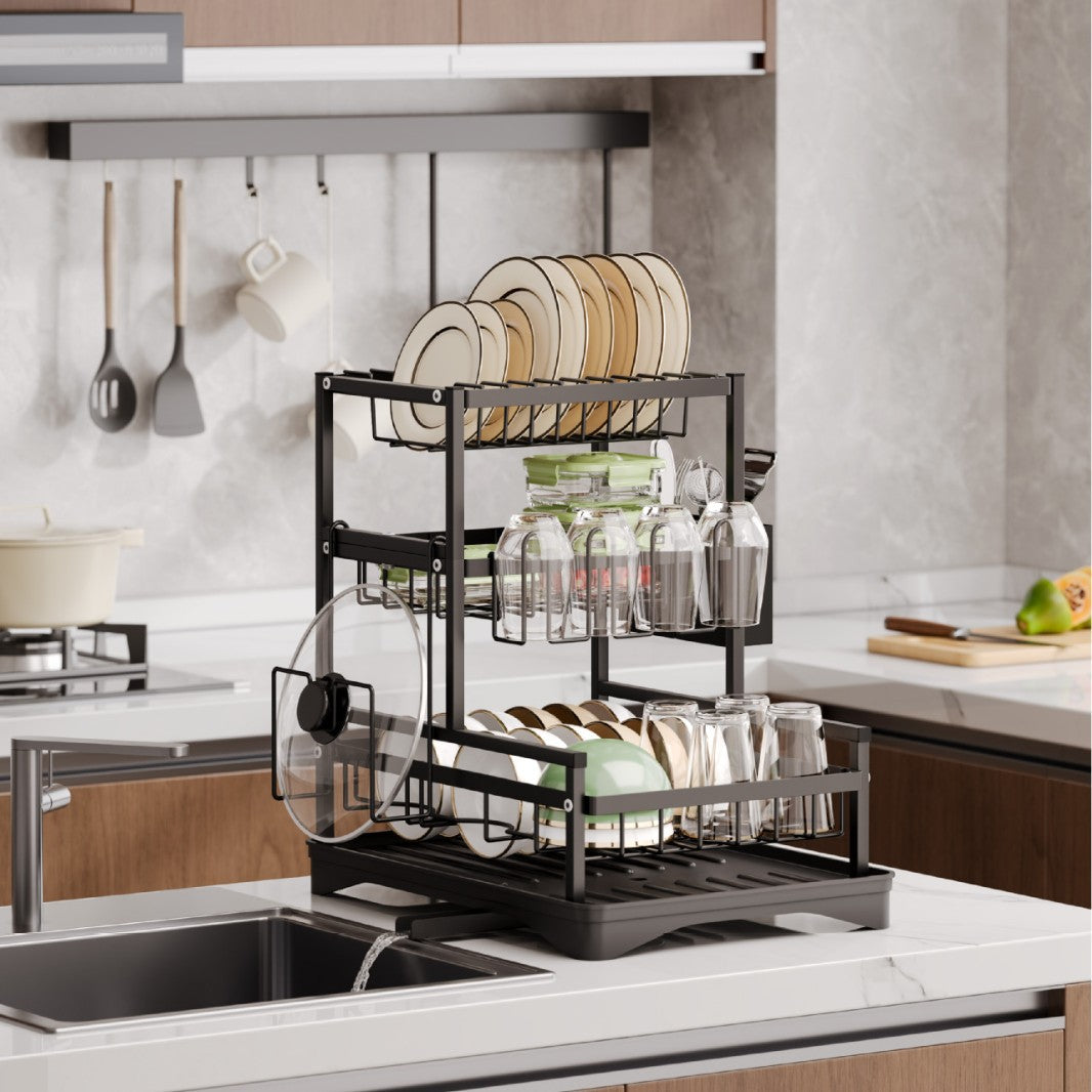 Kitchen Dish Rack with Drainage, Multilayer Storage for Dishes and Cups