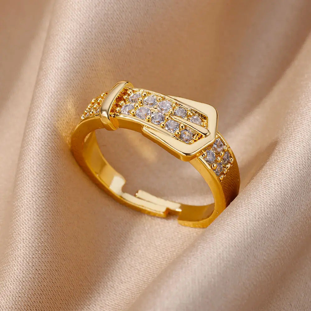 18K Gold-Plated Zircon Leaf Open Ring for Women