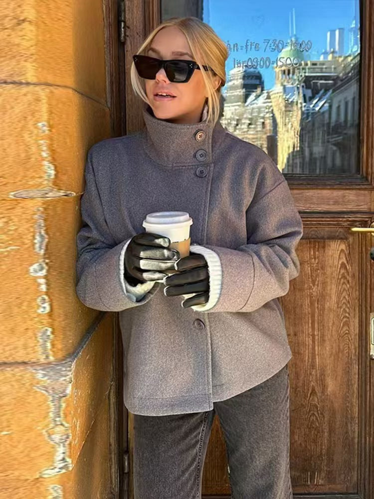 Women's Wool Coat with Stand Collar