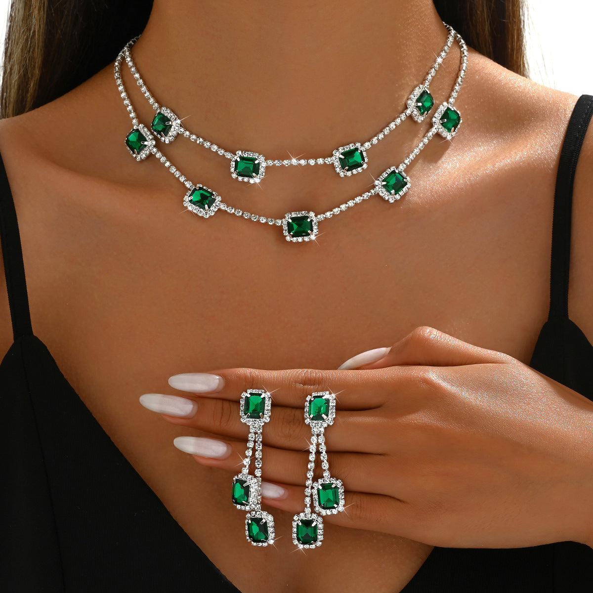 Square Double-layer Necklace and Tassel Earrings Jewelry Set