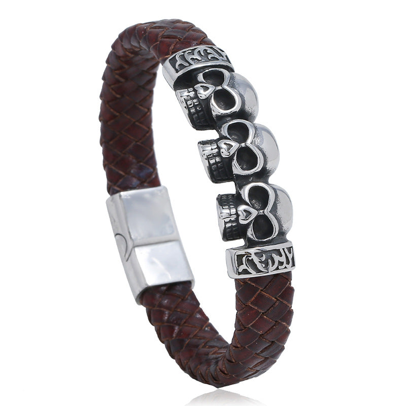 Vintage Woven Leather Bracelet with Skull Charm