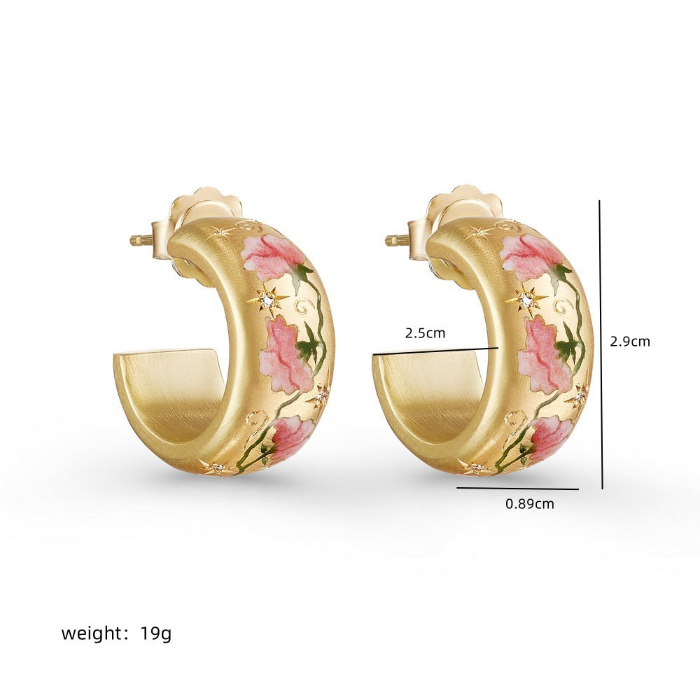 Stainless Steel Floral Painted C-Shaped Earrings
