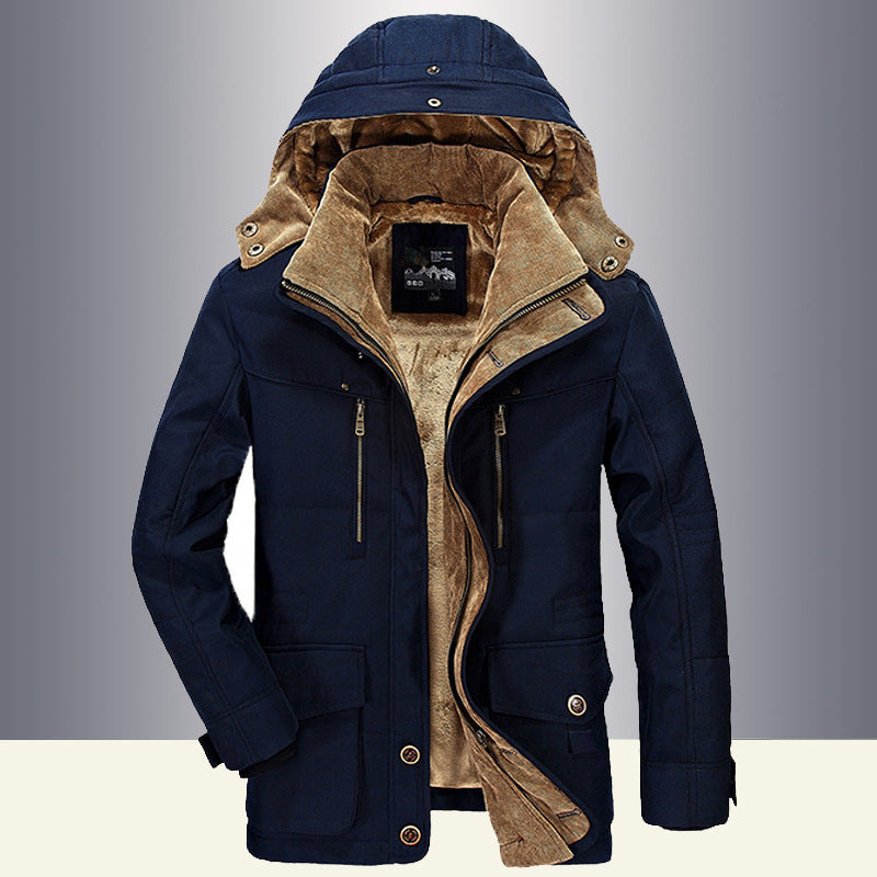 Men's Thickened Hooded Cotton Jacket with Multi-Pockets