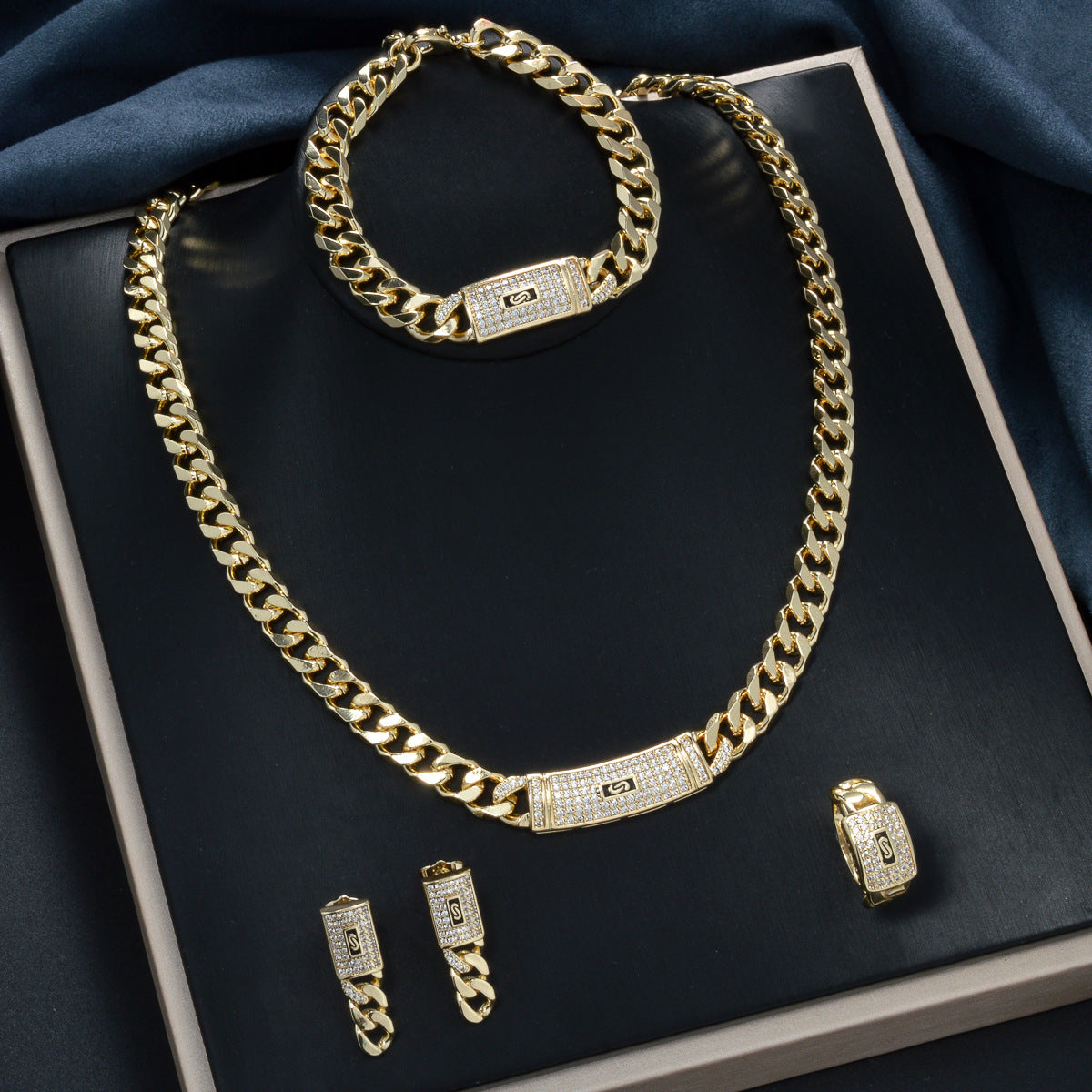 18K Gold Plated Cuban Chain Rhinestone Jewelry Set