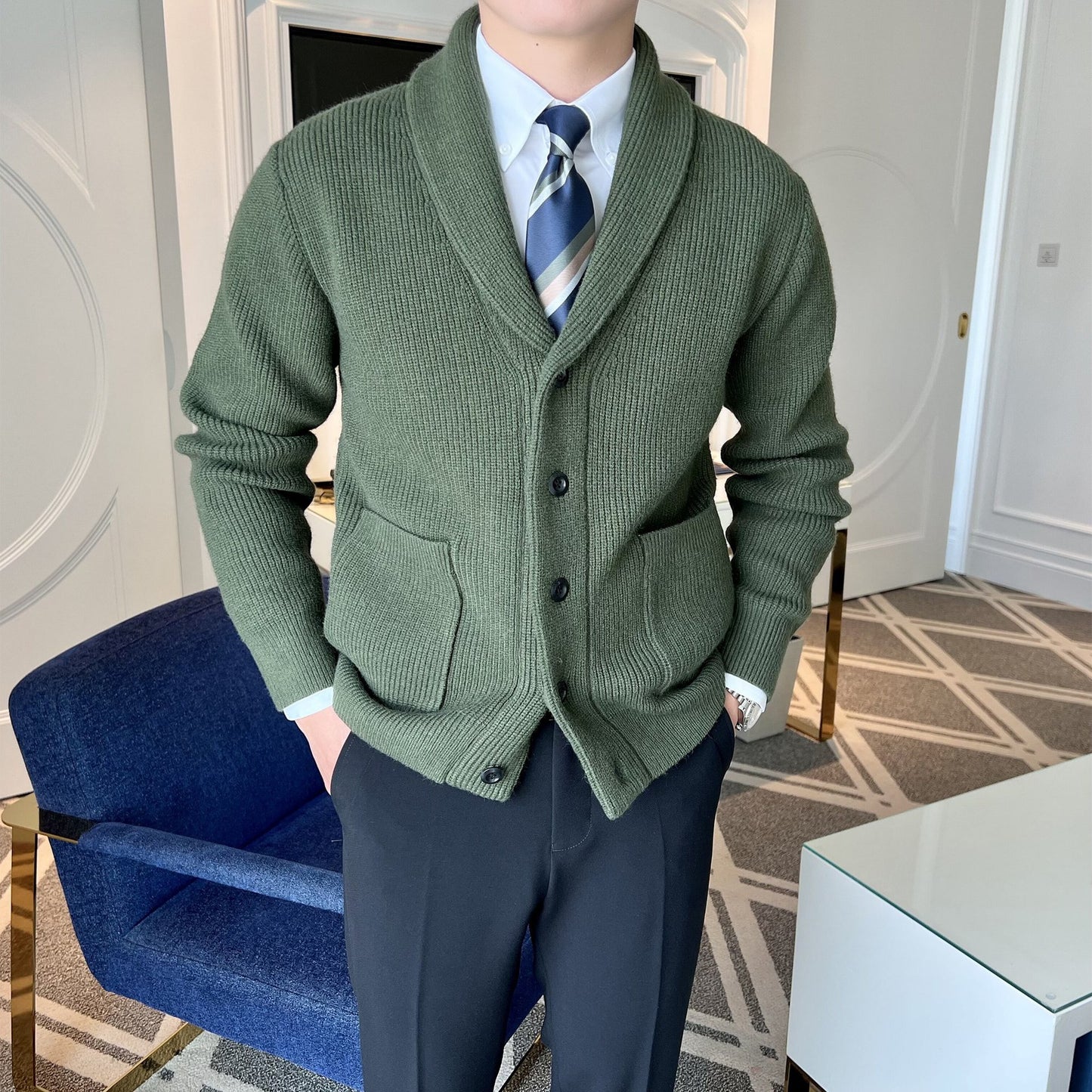 Men's Retro Slim Fit Green Collar Knitwear Cardigan