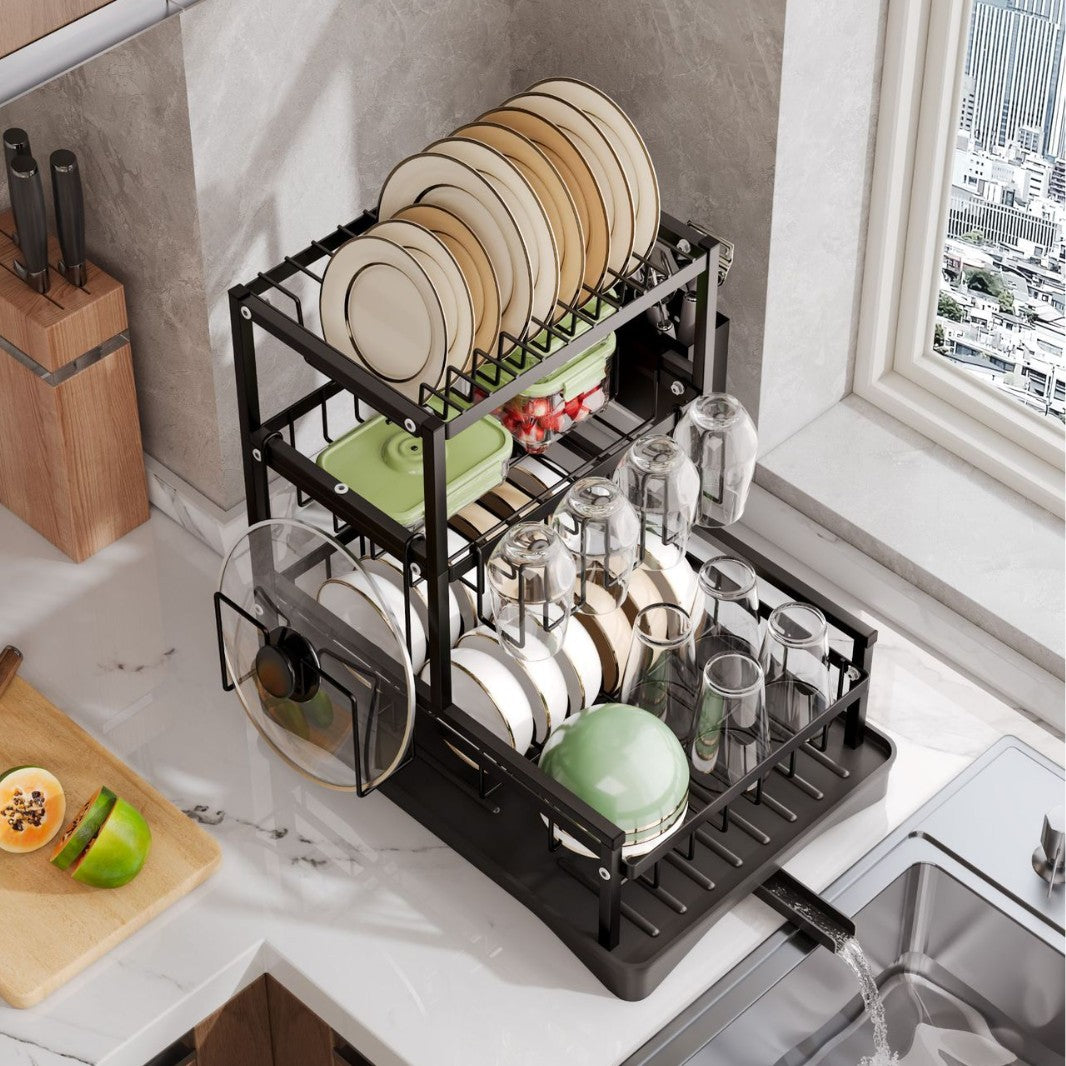Kitchen Dish Rack with Drainage, Multilayer Storage for Dishes and Cups