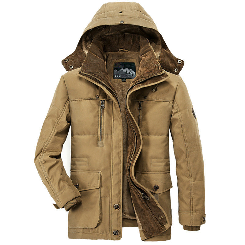Men's Thickened Hooded Cotton Jacket with Multi-Pockets