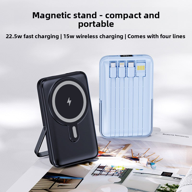 Magnetic Stand Power Bank with Wireless Charging and Built-In Cable