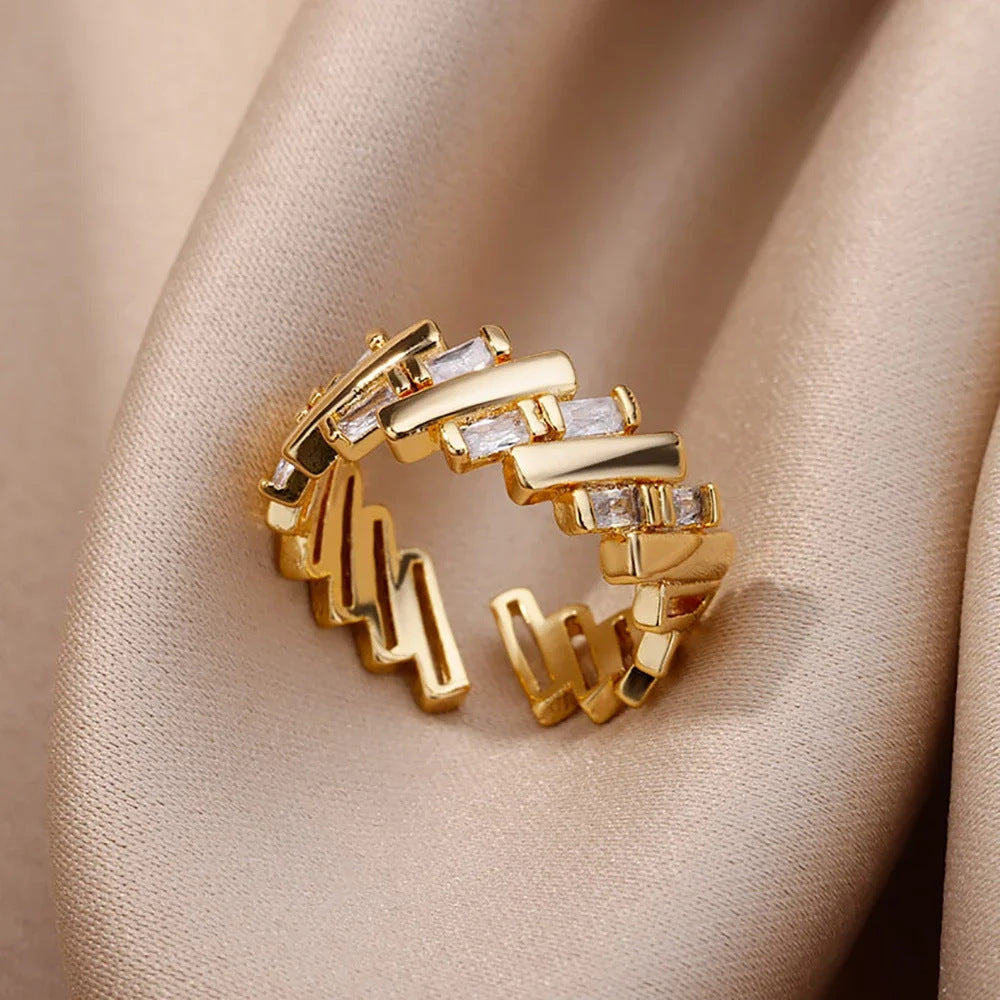 18K Gold-Plated Zircon Leaf Open Ring for Women