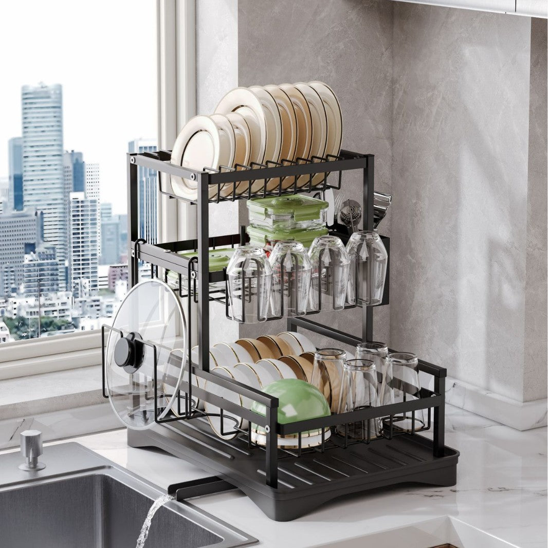 Kitchen Dish Rack with Drainage, Multilayer Storage for Dishes and Cups