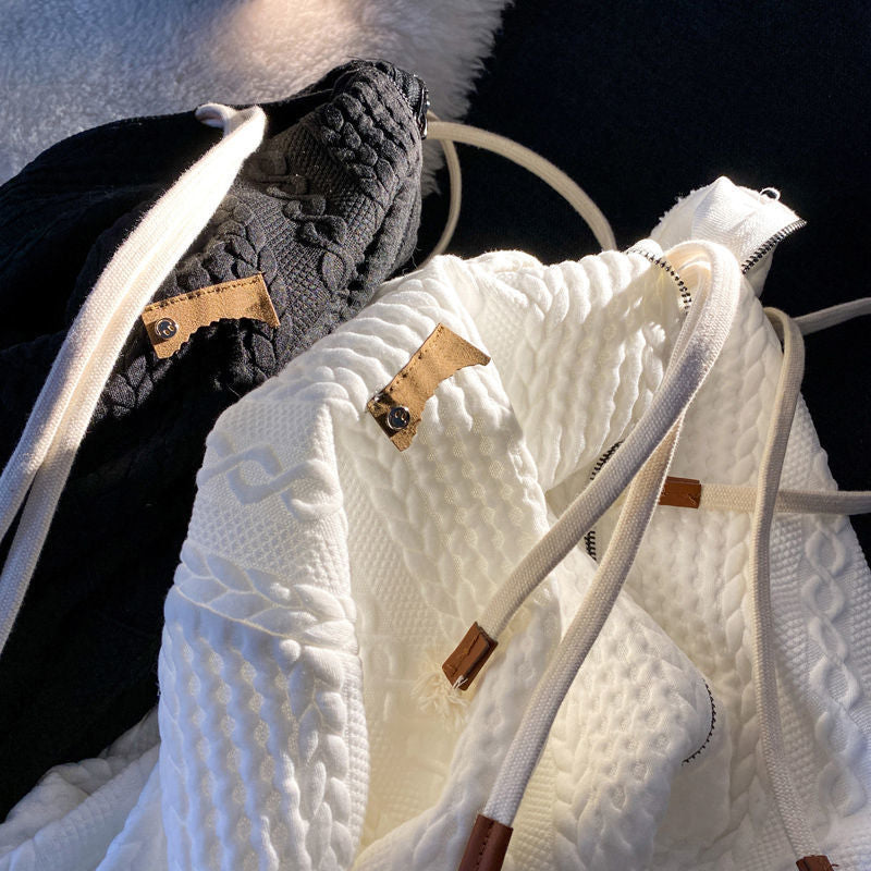 Waffle Pattern Zipper Jacket Loose Fit Retro Style