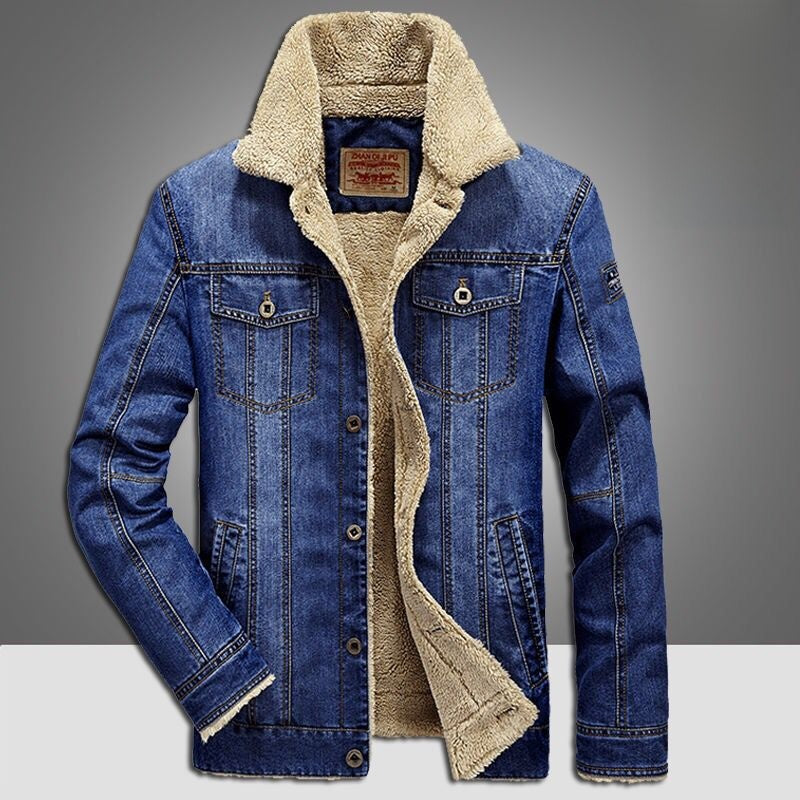 Men's Fleece-Lined Denim Jacket Winter Casual Loose Fit