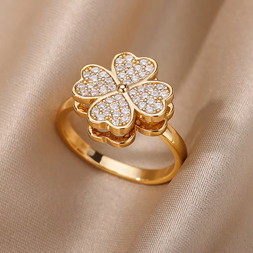 18K Gold-Plated Zircon Leaf Open Ring for Women