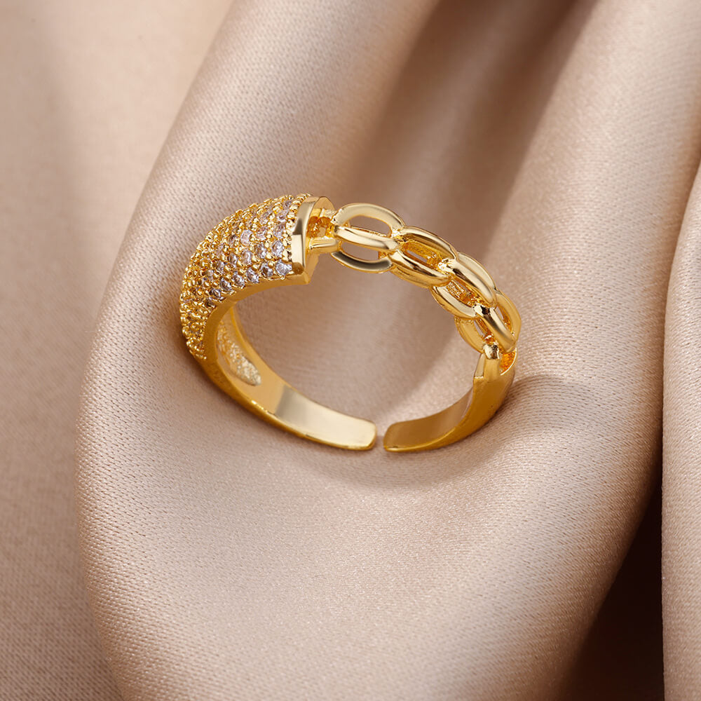 18K Gold-Plated Zircon Leaf Open Ring for Women